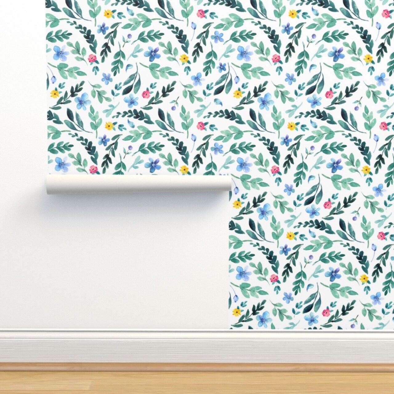 Blossom Garden Watercolor Blooms Blue Yellow Pink Delicate Botanical Custom Removable Wallpaper by Spoonflower Peel & Stick Wallpaper 2FT Wide